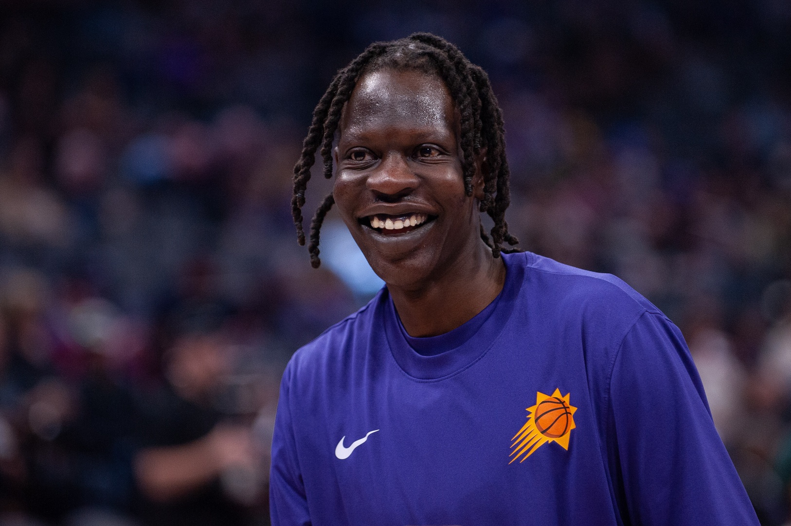 Apr 12, 2024; Sacramento, California, USA; Phoenix Suns center Bol Bol (11) smiles before the game against the Sacramento Kings at Golden 1 Center. Mandatory Credit: Ed Szczepanski-USA TODAY Sports