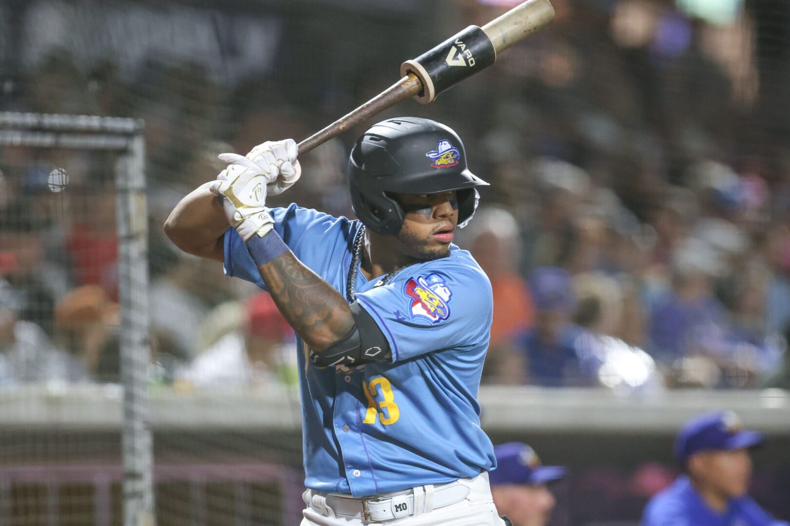 Deyvison De Los Santos (13) stands in the on-deck circle during Game 3 of the Texas League Championship Series.