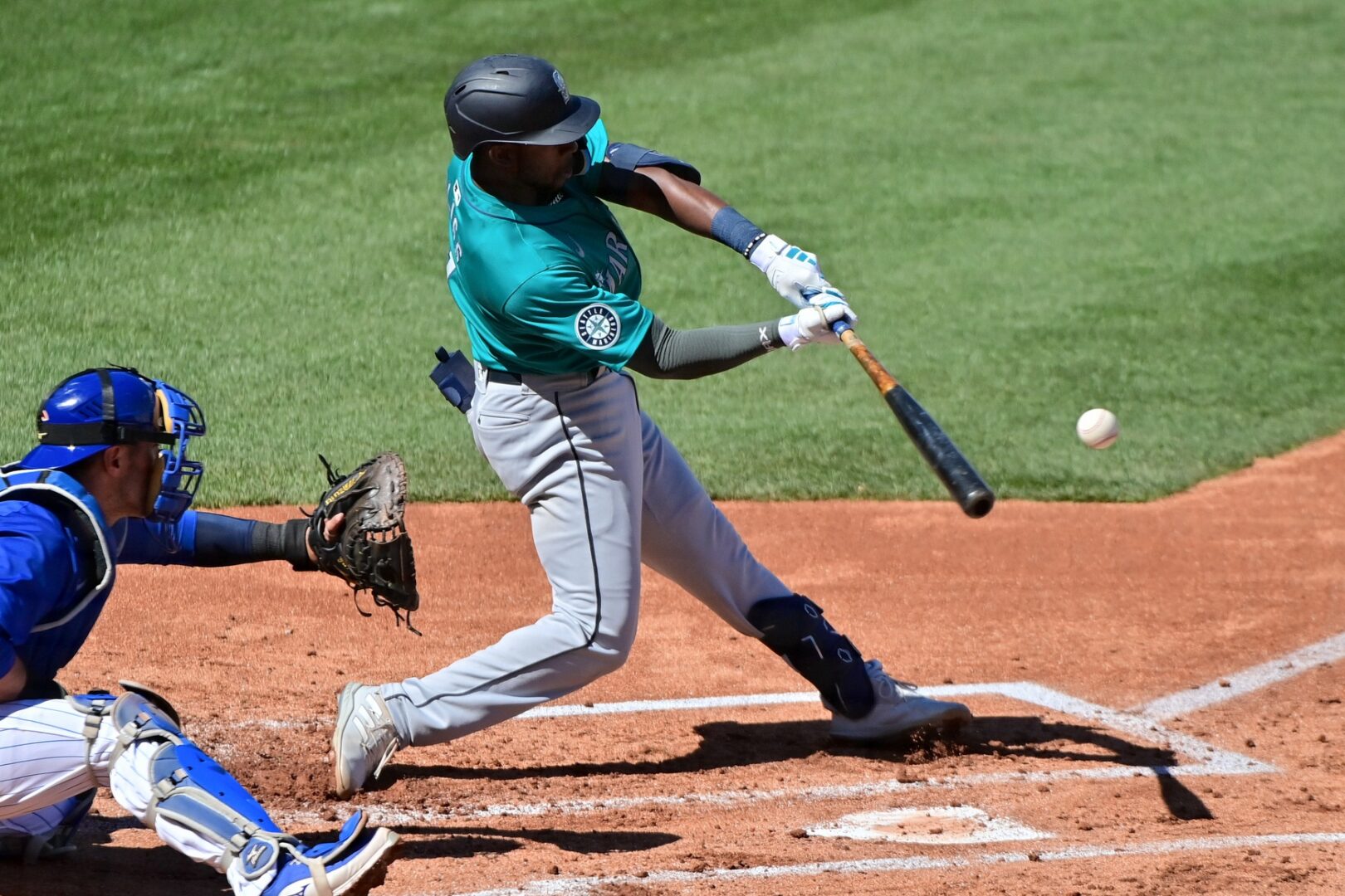 Ryan Bliss bats for the Seattle mariners in a Spring Training game.