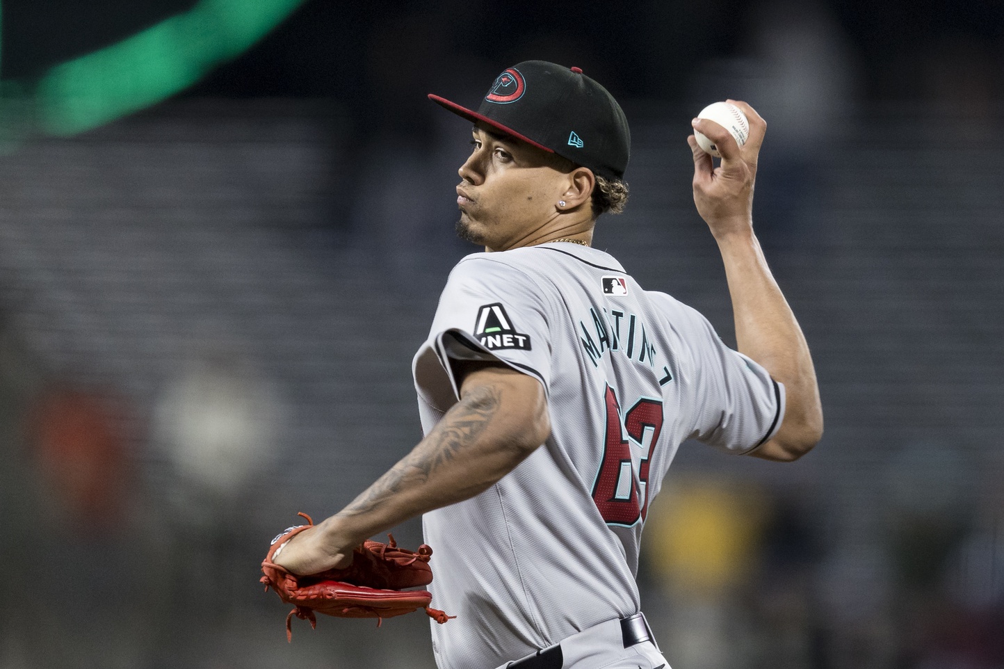 Justin Martinez pitches against the San Francisco Giants at Oracle Park, San Francisco.