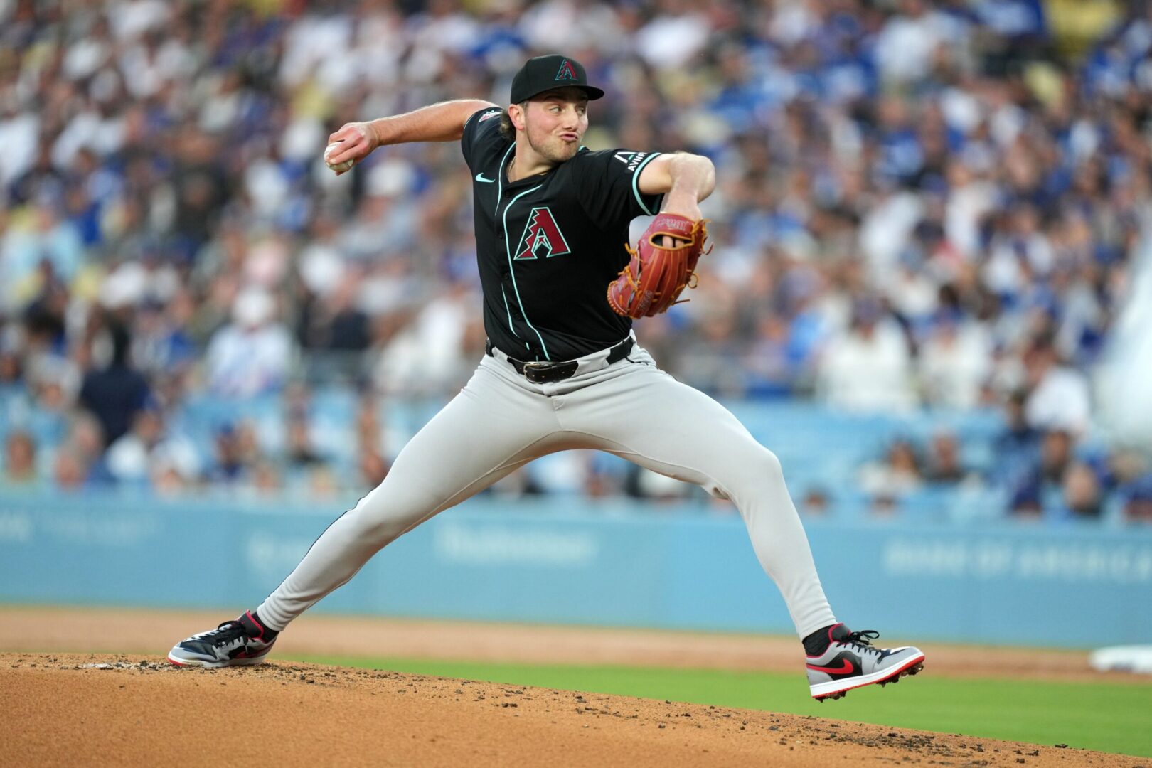 Arizona Diamondbacks starting pitcher Brandon Pfaadt faces the Dodgers at Dodger Stadium, May 21, 2024.