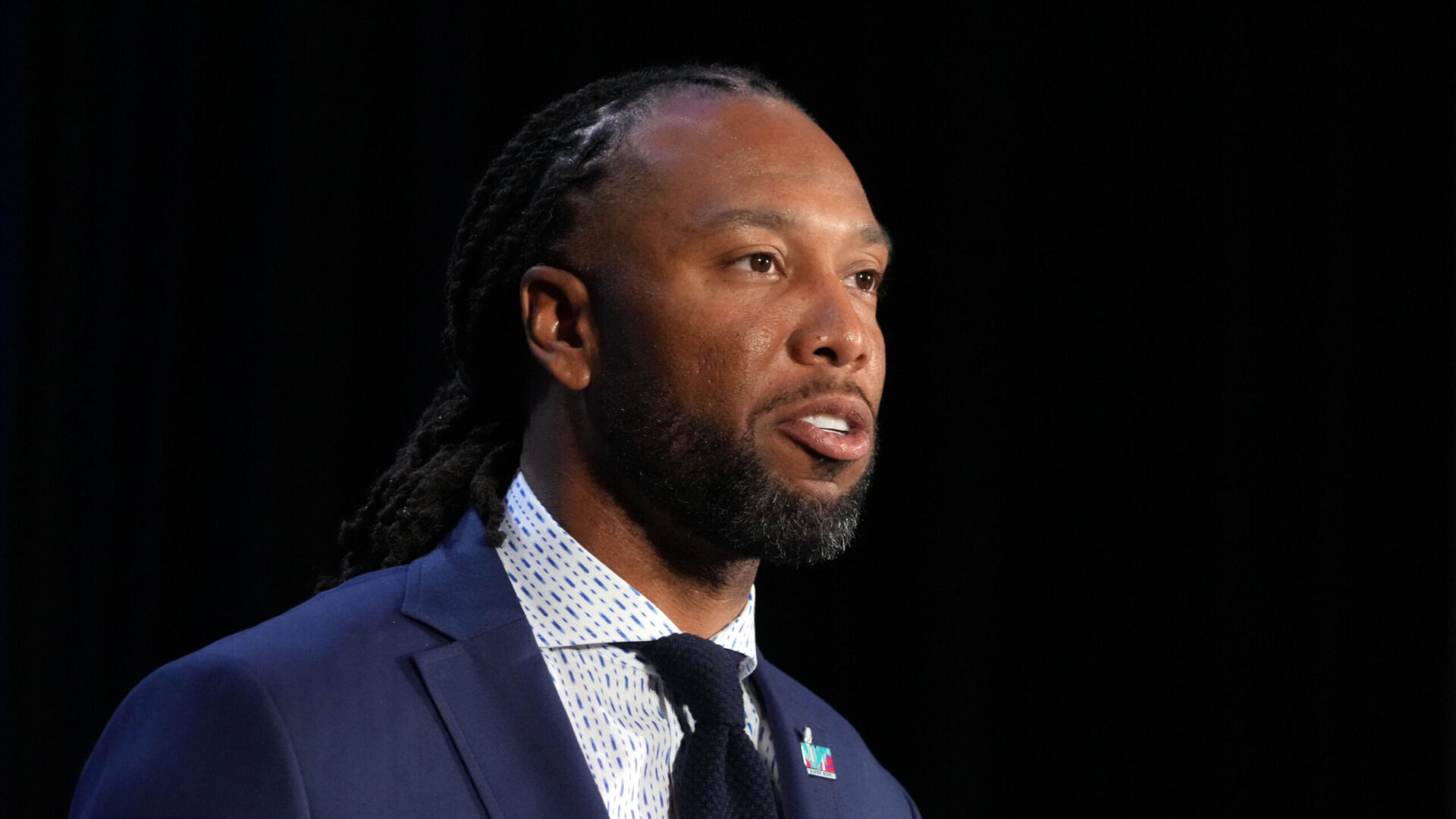Larry Fitzgerald at the Super Bowl Host Committee Handoff press conference at the Phoenix Convention Center.
