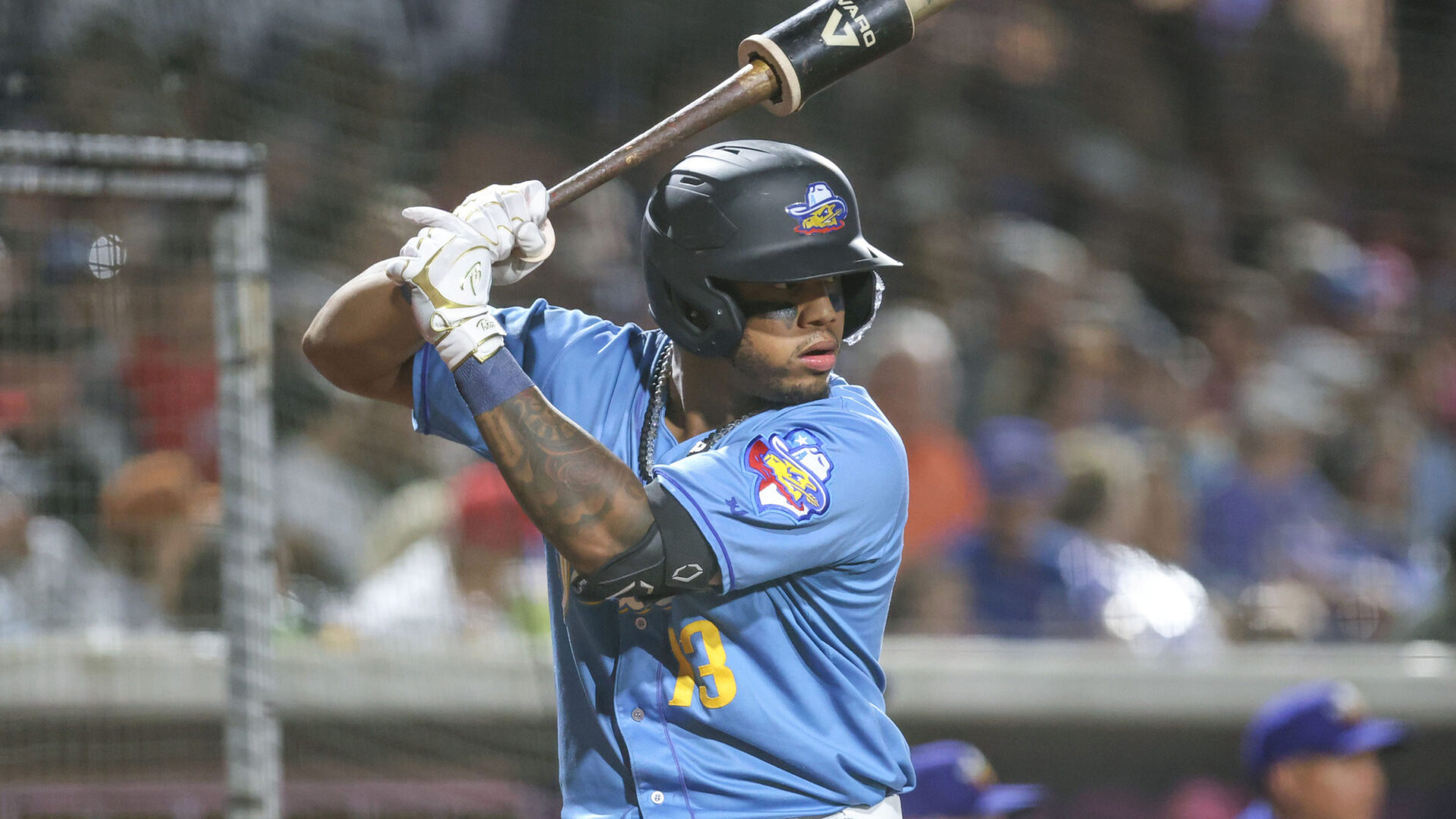 Deyvison De Los Santos (13) stands in the on-deck circle during Game 3 of the Texas League Championship Series.