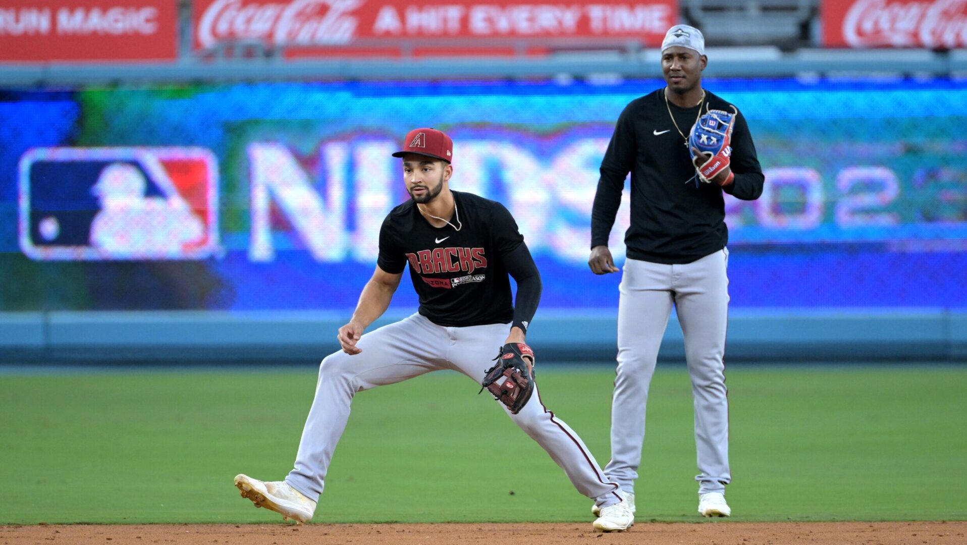 Diamondbacks shortstop Jordan Lawlar does infield drills on workout day at Dodger Stadium