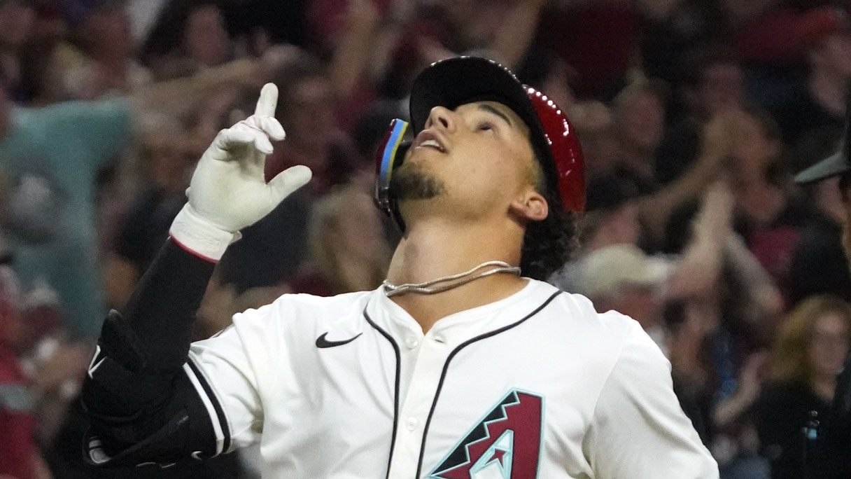 Diamondbacks center fielder Alek Thomas celebrates after hitting a three-run home run against the Colorado Rockies.