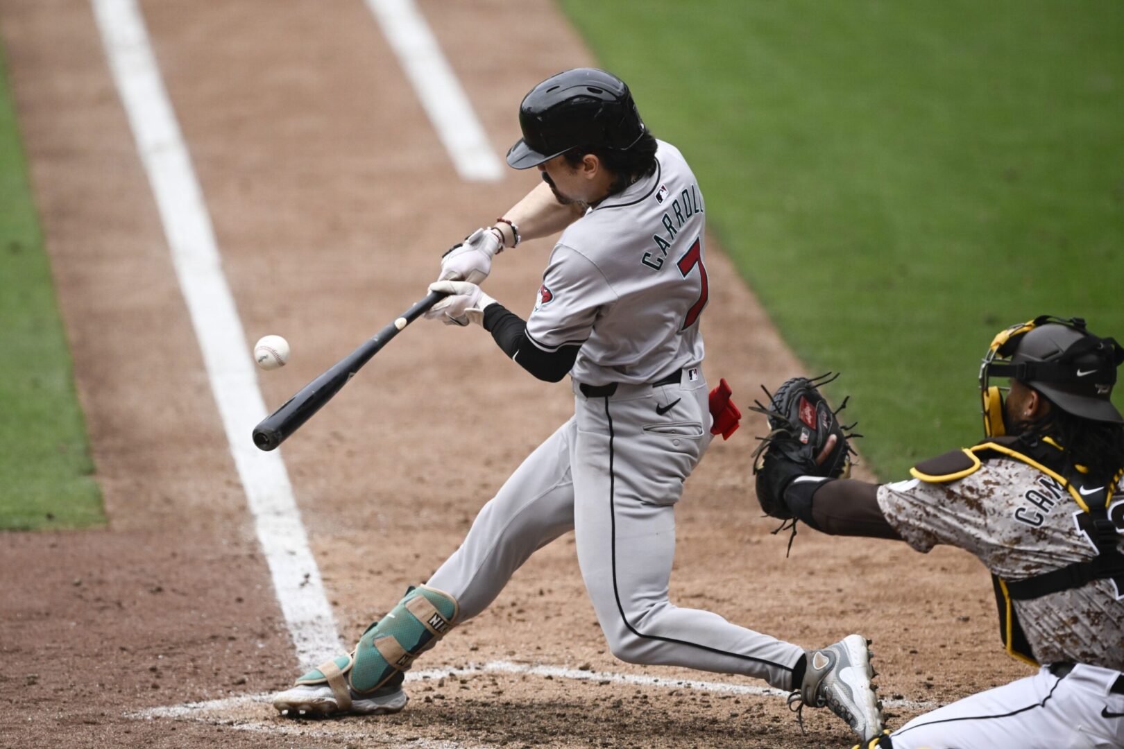 Arizona Diamondbacks center fielder Corbin Carroll bats against the San Diego Padres at Petco Park.