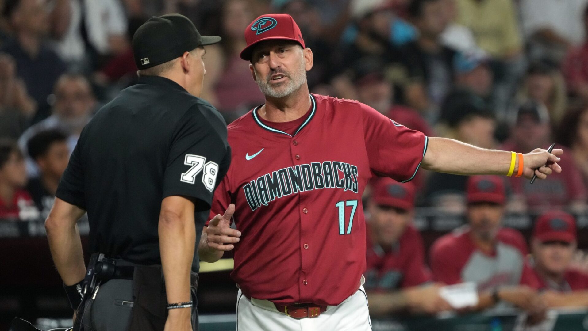 Diamondbacks manager Torey Lovullo argues with home plate umpire and crew chief Adam Hamari.