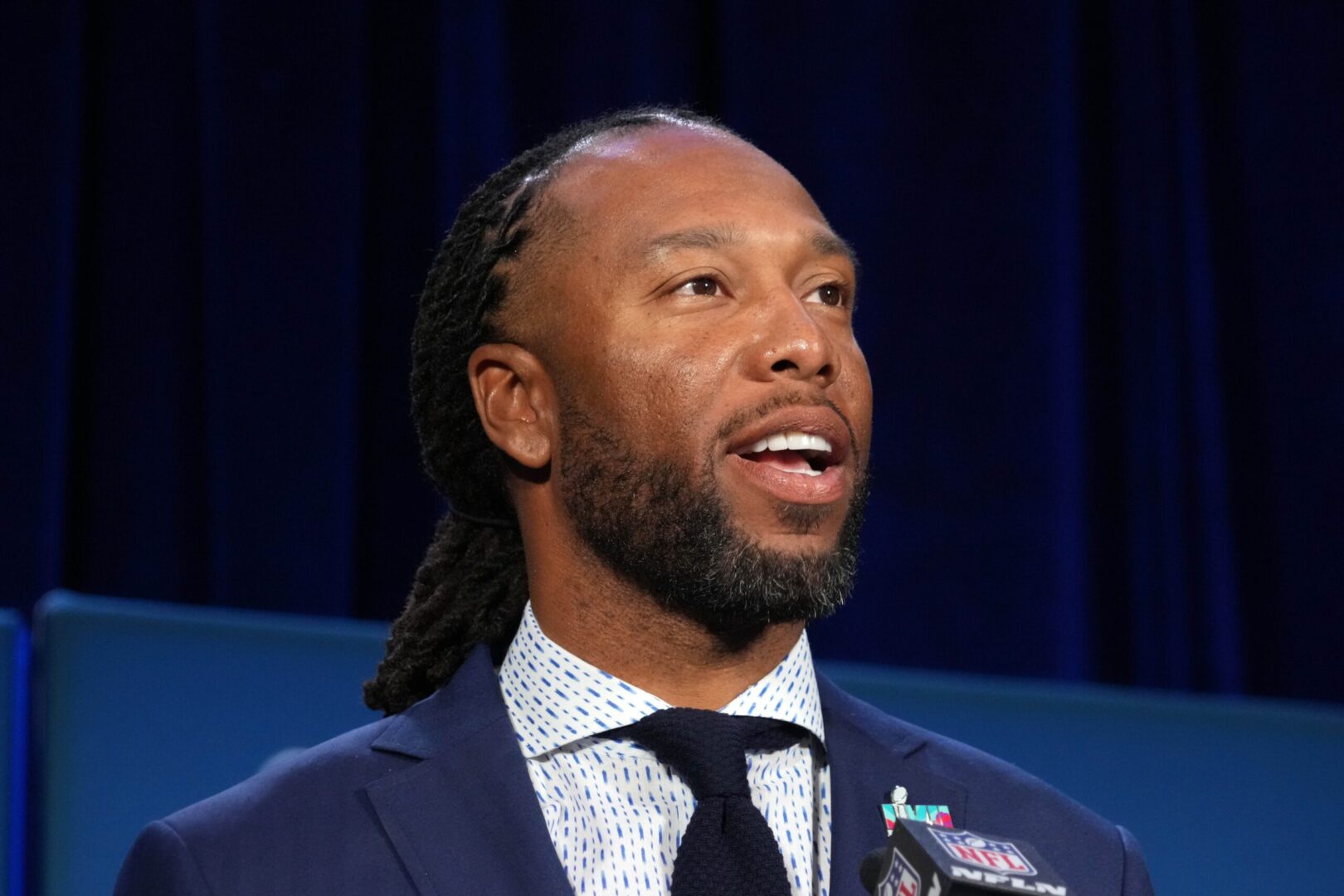 Feb 13, 2023; Phoenix, AZ, USA; Larry Fitzgerald at the Super Bowl Host Committee Handoff press conference at the Phoenix Convention Center. Mandatory Credit: Kirby Lee-USA TODAY Sports