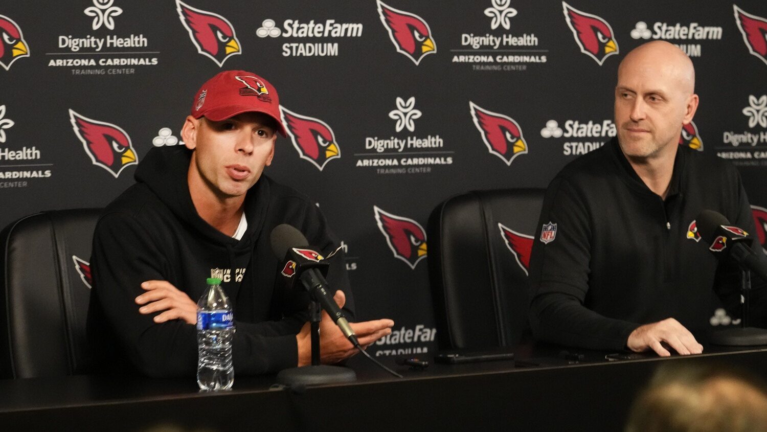 Arizona Cardinals head coach Jonathan Gannon and general manager Monti Ossenfort speak to the media.