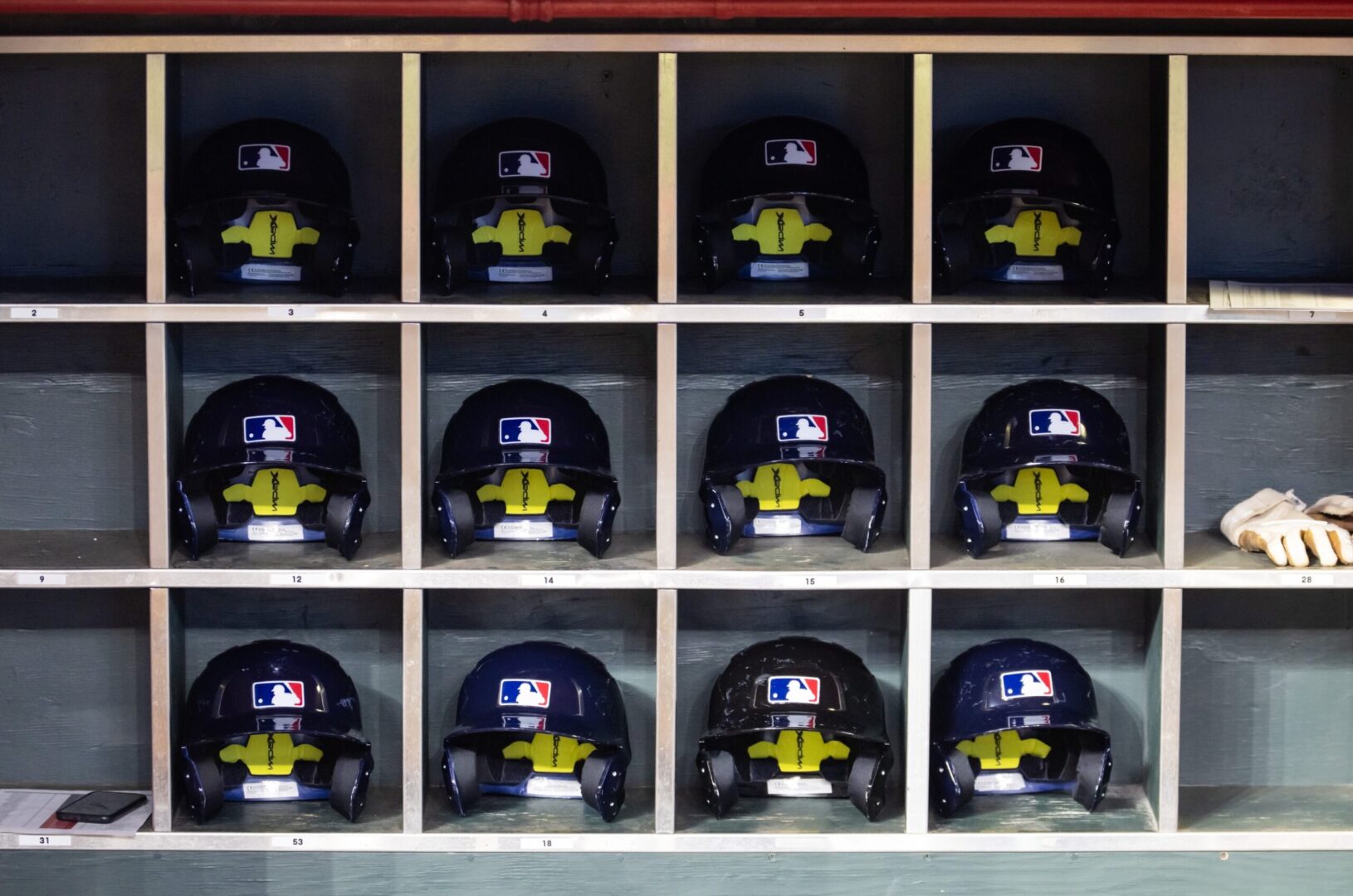 Batting helmets at the MLB Draft Combine at Chase Field, home of the Arizona Diamondbacks.