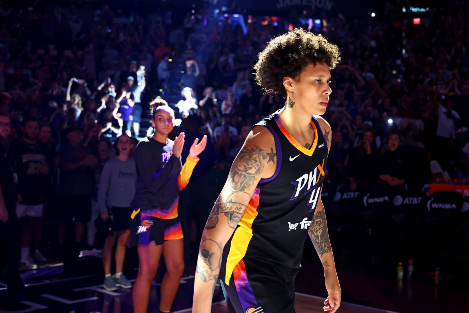 Jun 30, 2024; Phoenix, Arizona, USA; Phoenix Mercury center Brittney Griner (42) is introduced before playing against the Indiana Fever at Footprint Center. Mandatory Credit: Mark J. Rebilas-USA TODAY Sports