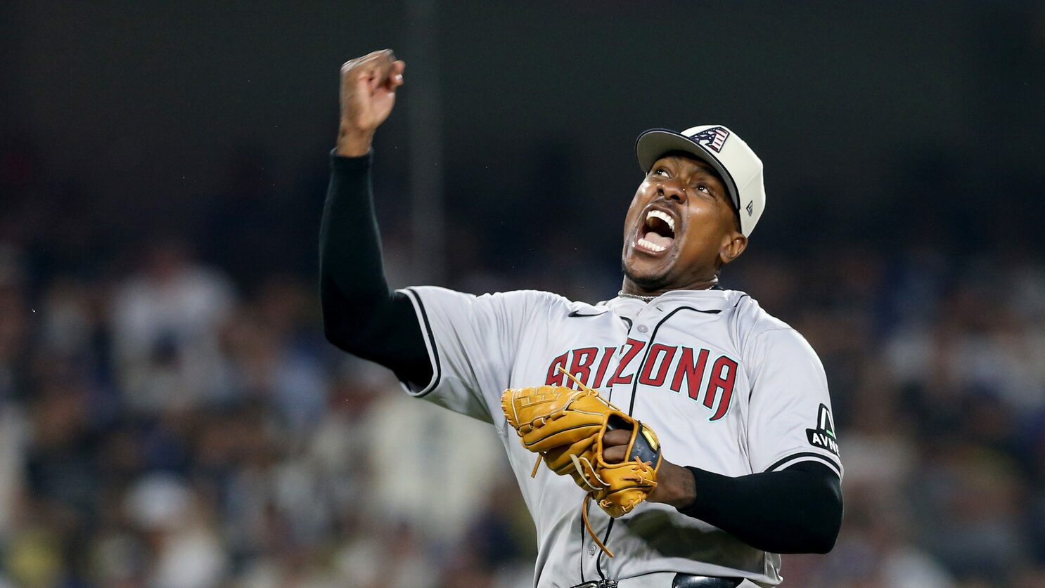 Arizona Diamondbacks right-hander Thyago Vieira celebrates a win over the Los Angeles Dodgers at Dodger Stadium.
