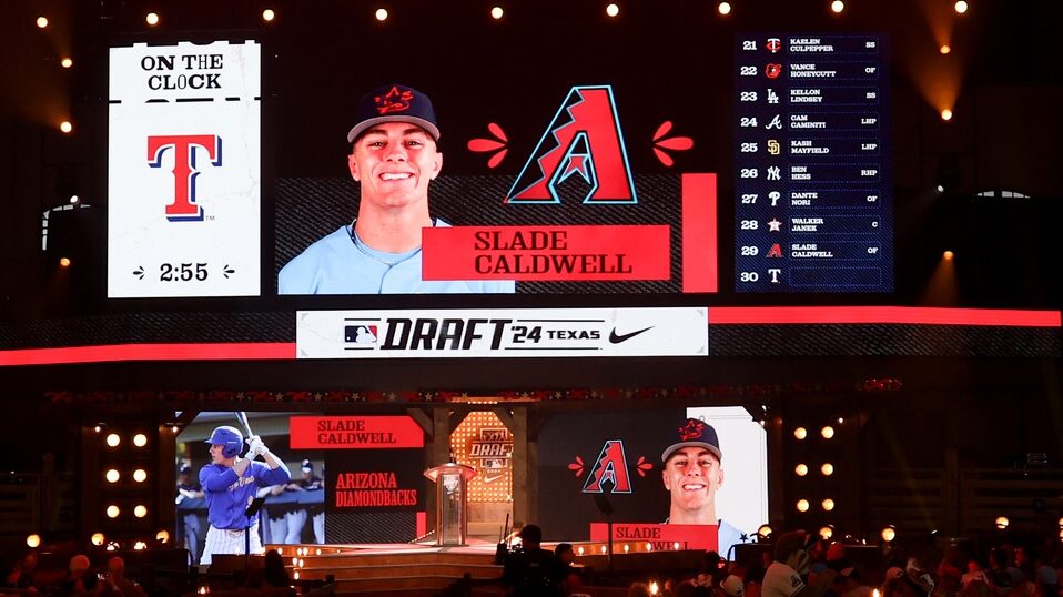 Slade Caldwell is shown on the video board after getting drafted by the Diamondbacks with the No. 29 pick.