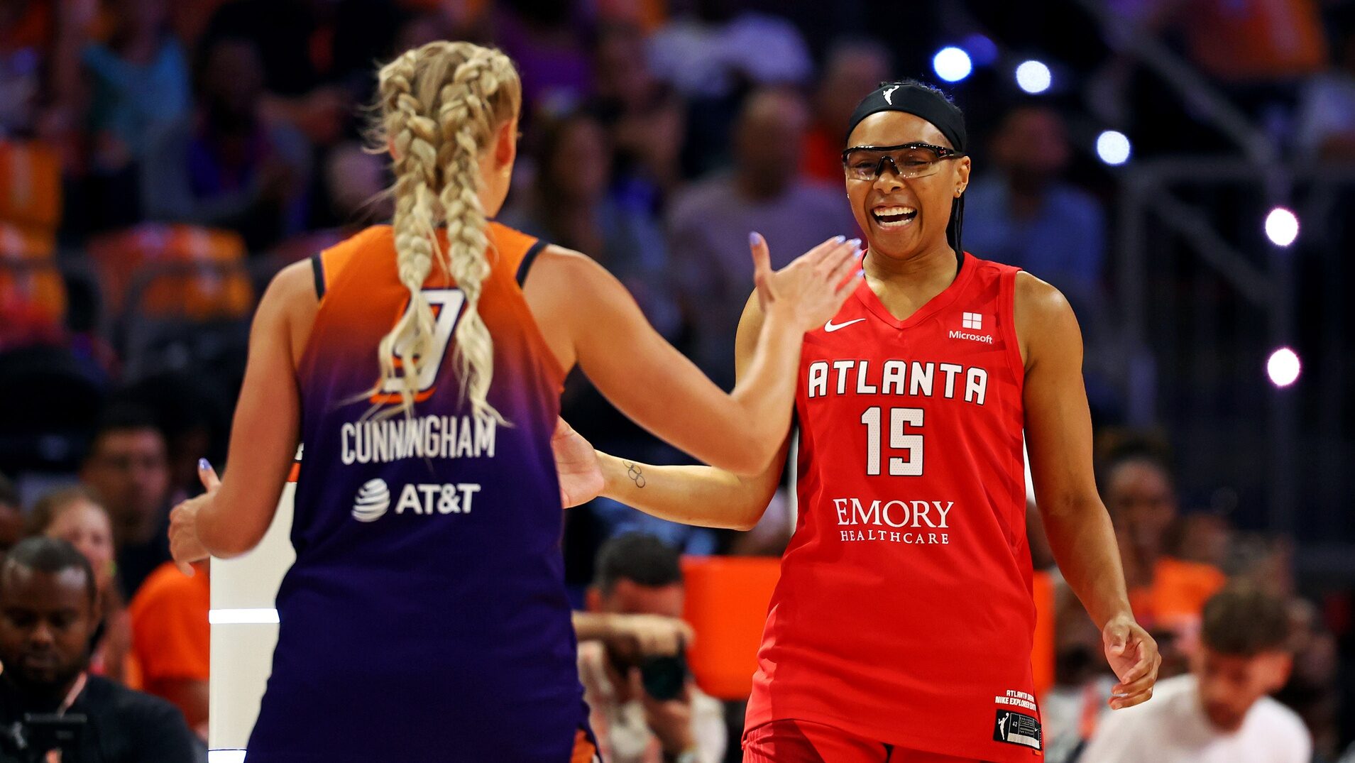 Atlanta Dream and Phoenix Mercury guards Allisha Gray and Sophie Cunningham before the final round of the Kia WNBA Skills Challenge as part of WNBA All-Star Weekend.