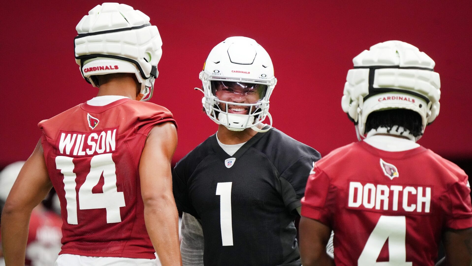 Arizona Cardinals quarterback Kyler Murray with receivers Michael Wilson and Greg Dortch in Training Camp.