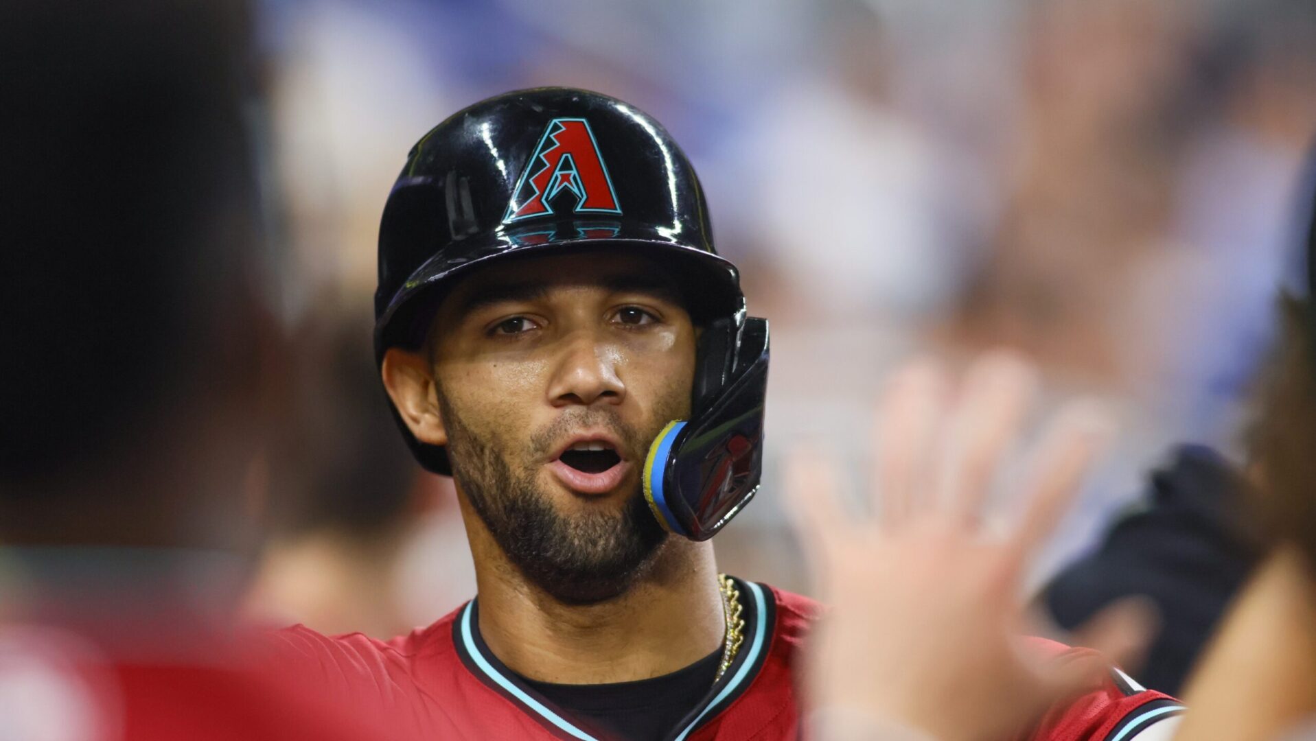 Diamondbacks left fielder Lourdes Gurriel Jr. celebrates after hitting a solo home run against the Marlins.