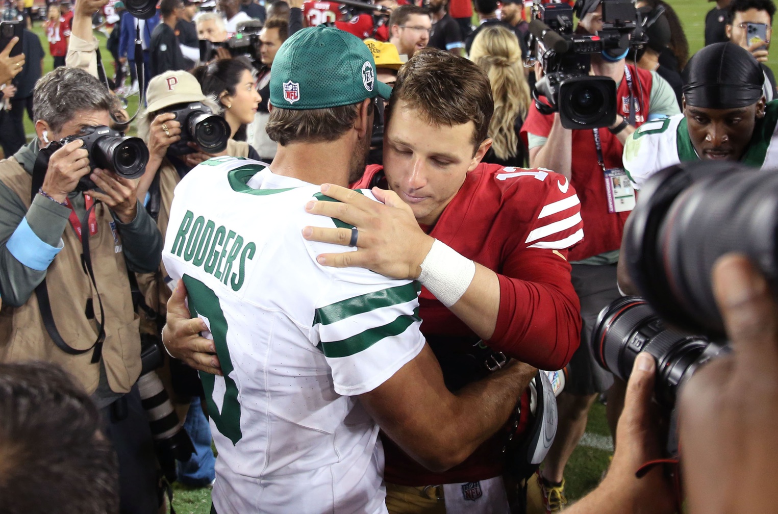 Brock Purdy and Aaron Rodgers meet after the 49ers beat the Jets 32-19 at Levi Stadium.