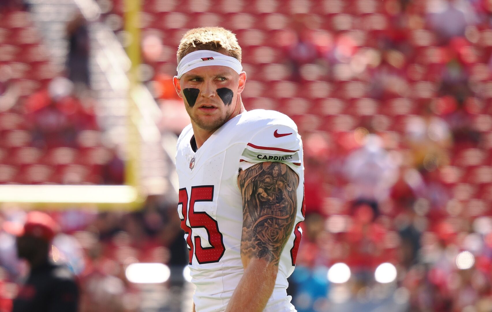 Oct 6, 2024; Santa Clara, California, USA; Arizona Cardinals tight end Trey McBride (85) before the game against the San Francisco 49ers at Levi's Stadium. Mandatory Credit: Kelley L Cox-Imagn Images