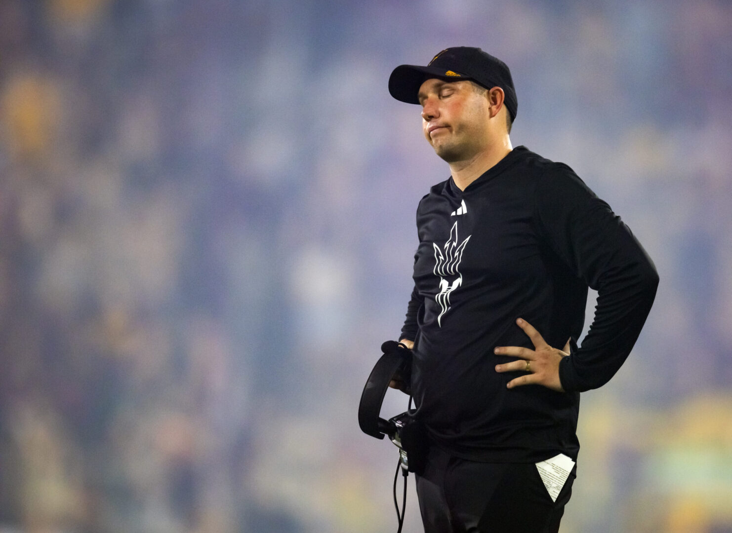 Oct 5, 2024; Tempe, Arizona, USA; Arizona State Sun Devils head coach Kenny Dillingham against the Kansas Jayhawks at Mountain America Stadium. Mandatory Credit: Mark J. Rebilas-Imagn ImagesASU