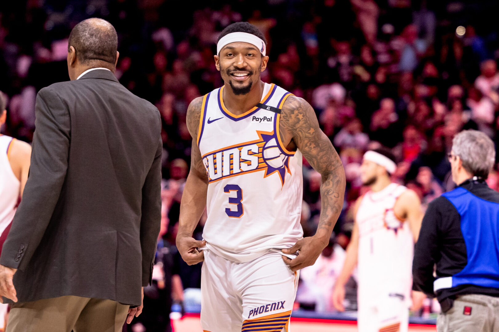 Dec 5, 2024; New Orleans, Louisiana, USA; Phoenix Suns guard Bradley Beal (3) reacts to the New Orleans Pelicans win at Smoothie King Center. Mandatory Credit: Stephen Lew-Imagn Images