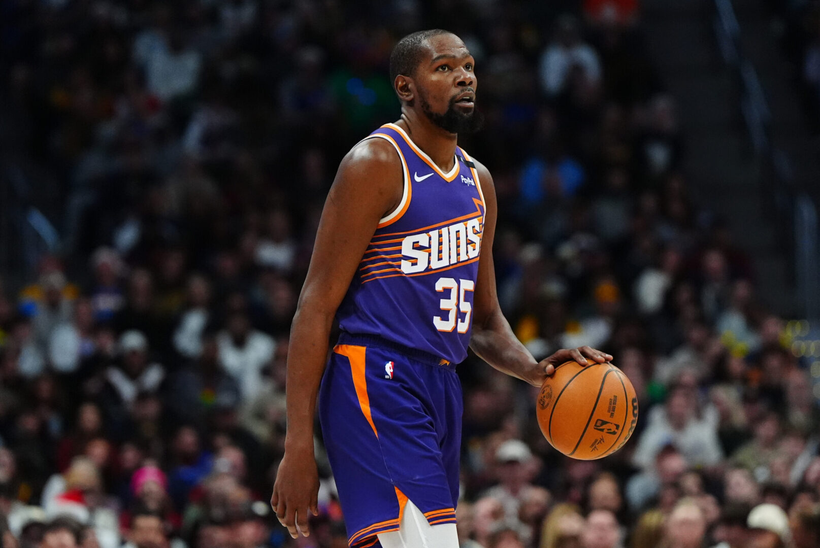 Dec 23, 2024; Denver, Colorado, USA; Phoenix Suns forward Kevin Durant (35) during the second quarter against the Denver Nuggets at Ball Arena. Mandatory Credit: Ron Chenoy-Imagn Images