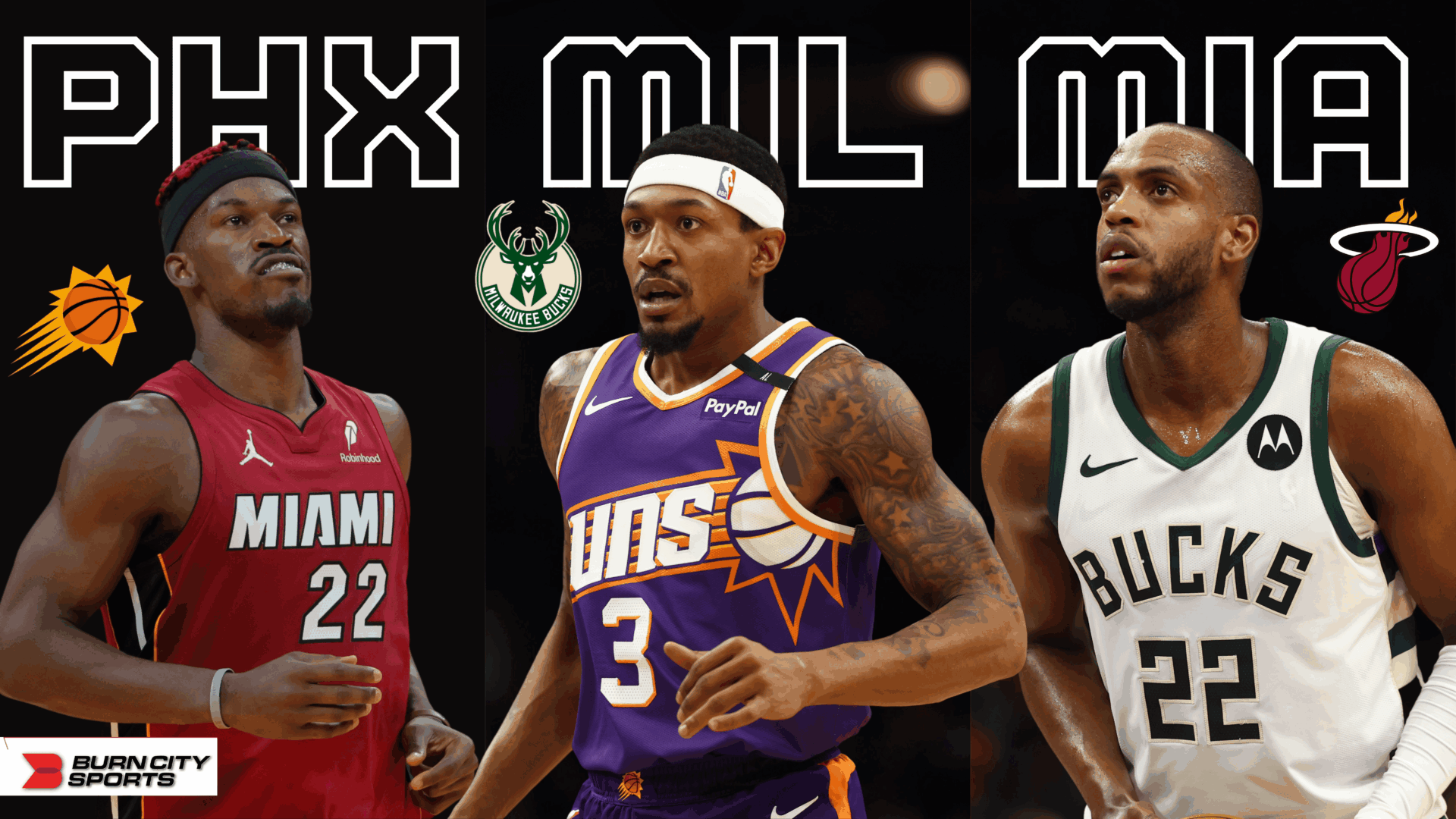 The Milwaukee Bucks are reportedly a team to watch in a possible Phoenix Suns-Miami Heat multi-team deal surrounding Bradley Beal and disgruntled star forward Jimmy Butler ahead of the Feb. 6 NBA trade deadline (image courtesy of Burn City Sports)