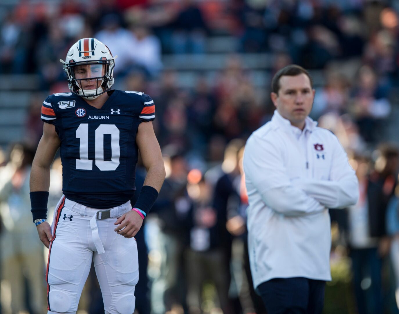 Auburn quarterback Bo Nix (10) and Auburn offensive coordinator Kenny Dillingham during warm ups at Jordan-Hare Stadium in Auburn, Ala., on Saturday, Nov. 16, 2019. Jc Auburngeorgia 21