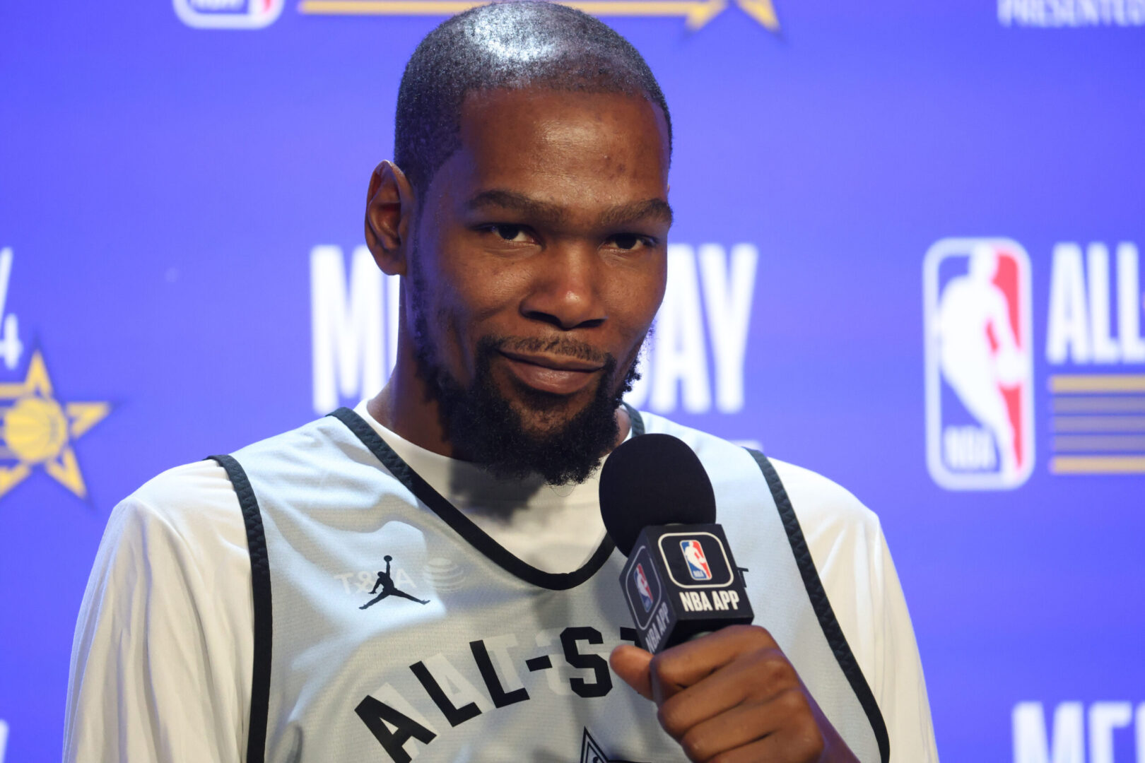 Feb 17, 2024; Indianapolis, IN, USA; Western Conference forward Kevin Durant (35) of the Phoenix Suns talk to the press during NBA All Star practice at Gainbridge Fieldhouse. Mandatory Credit: Trevor Ruszkowski-Imagn Images