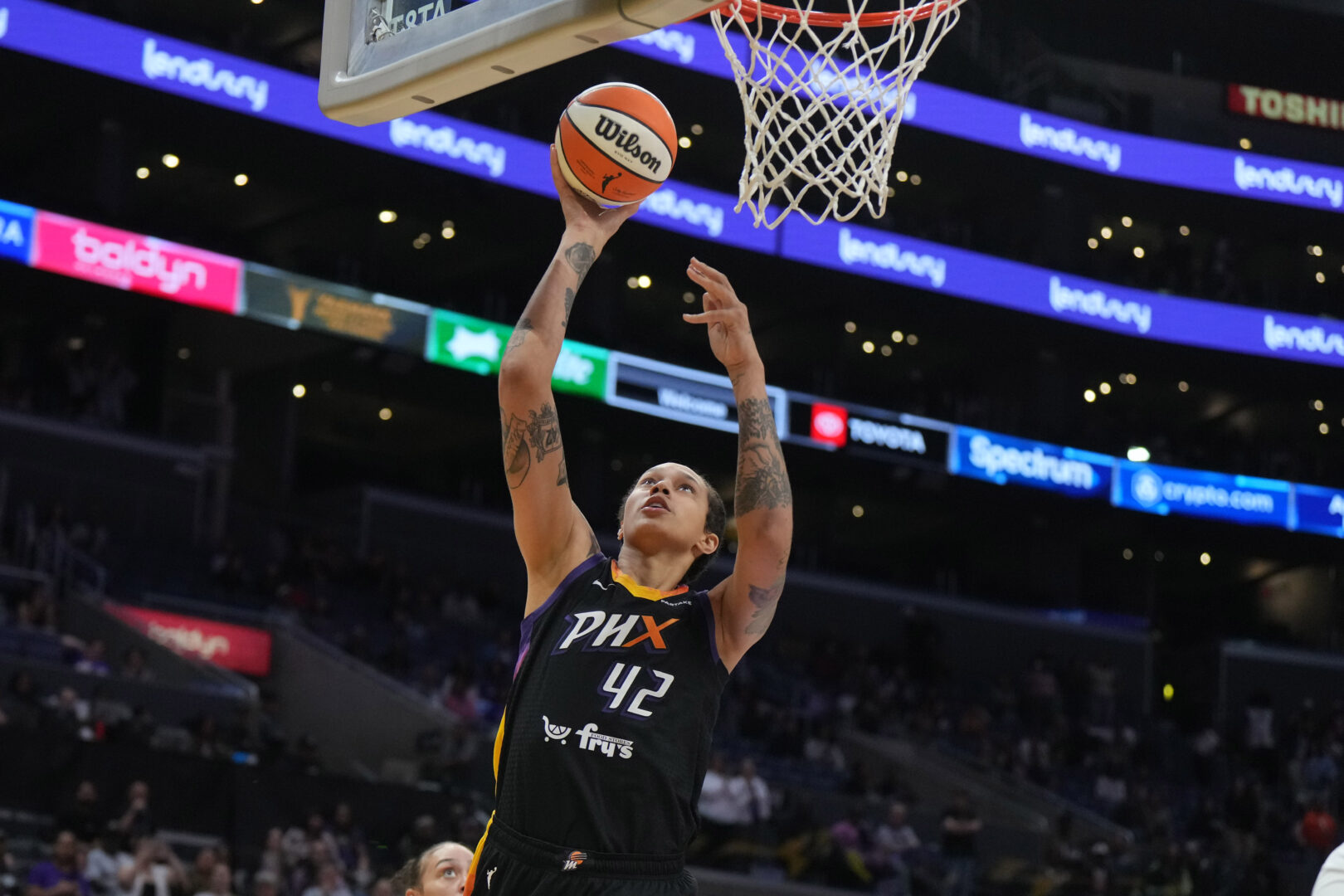 Sep 17, 2024; Los Angeles, California, USA; Phoenix Mercury center Brittney Griner (42) shoots the ball against the LA Sparks in the first half at Crypto.com Arena. Mandatory Credit: Kirby Lee-Imagn Images