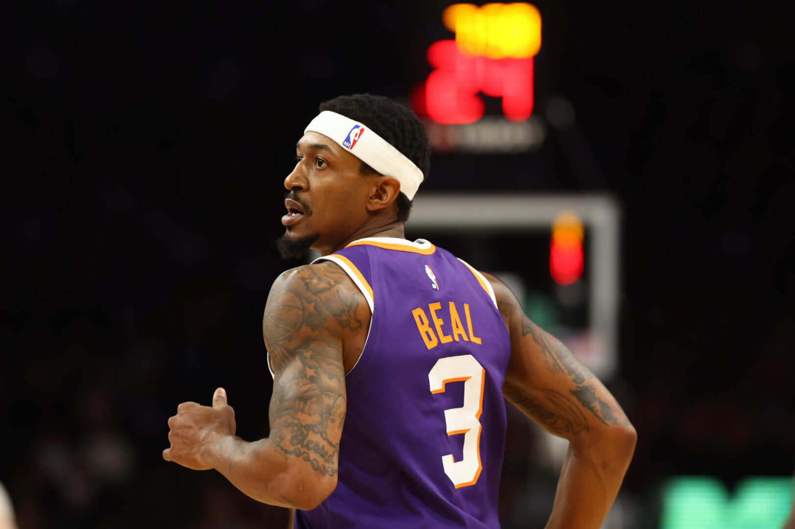 Dec 27, 2024; Phoenix, Arizona, USA; Phoenix Suns guard Bradley Beal (3) against the Dallas Mavericks at Footprint Center. Mandatory Credit: Mark J. Rebilas-Imagn Images