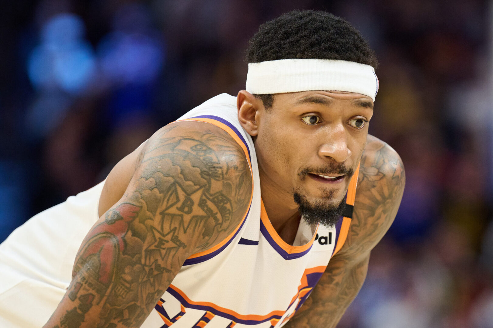 Dec 28, 2024; San Francisco, California, USA; Phoenix Suns guard Bradley Beal (3) waits for play to resume against the Golden State Warriors during the fourth quarter at Chase Center. Mandatory Credit: Robert Edwards-Imagn Images