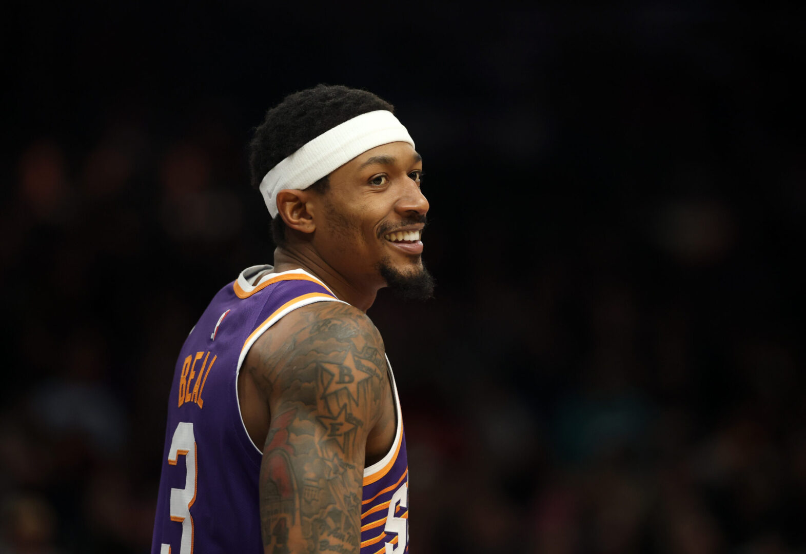 Jan 9, 2025; Phoenix, Arizona, USA; Phoenix Suns guard Bradley Beal (3) against the Atlanta Hawks at Footprint Center. Mandatory Credit: Mark J. Rebilas-Imagn Images