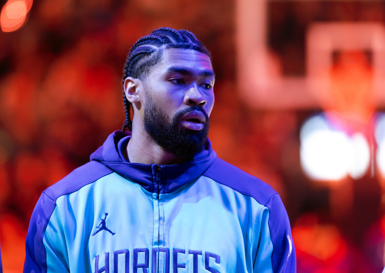 Jan 12, 2025; Phoenix, Arizona, USA; Charlotte Hornets center Nick Richards (4) against the Phoenix Suns at Footprint Center. Mandatory Credit: Mark J. Rebilas-Imagn Images
