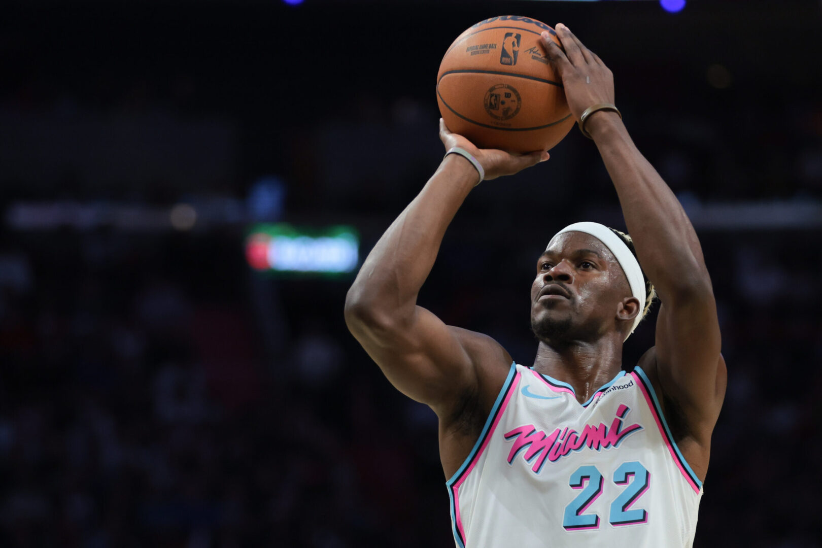 Jan 17, 2025; Miami, Florida, USA; Miami Heat forward Jimmy Butler (22) shoots a free-throw against the Denver Nuggets during the third quarter at Kaseya Center. Mandatory Credit: Sam Navarro-Imagn Images
