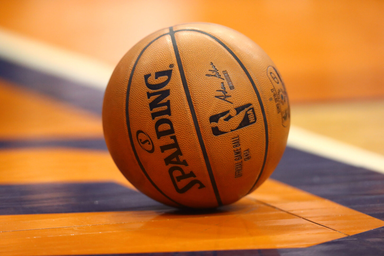 Nov 9, 2016; Phoenix, AZ, USA; Detailed view of a Spalding official NBA basketball on the court during the Phoenix Suns game against the Detroit Pistons at Talking Stick Resort Arena. Mandatory Credit: Mark J. Rebilas-Imagn Images