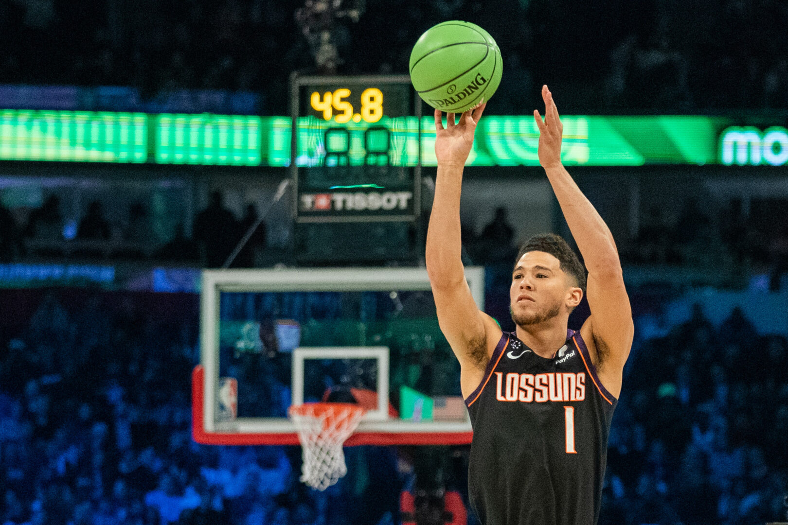 February 15, 2020; Chicago, Illinois, USA; Phoenix Suns guard Devin Booker participates in the three-point contest during NBA All Star Saturday Night at United Center. Mandatory Credit: Kyle Terada-USA TODAY Sports