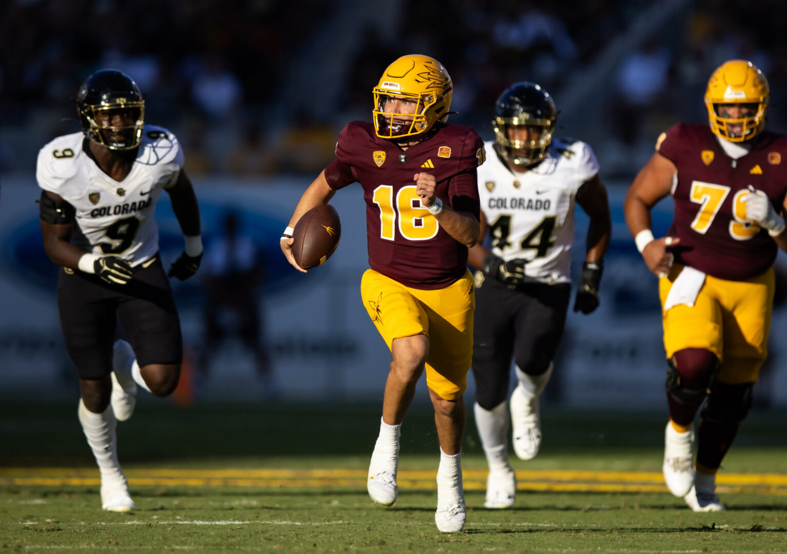 Oct 7, 2023; Tempe, Arizona, USA; Arizona State Sun Devils quarterback Trenton Bourguet (16) against the Colorado Buffaloes at Mountain America Stadium. Mandatory Credit: Mark J. Rebilas-USA TODAY Sports