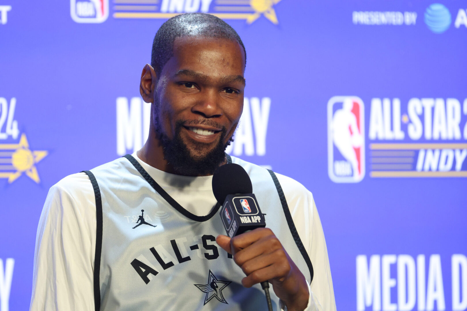 Feb 17, 2024; Indianapolis, IN, USA; Western Conference forward Kevin Durant (35) of the Phoenix Suns talk to the press during NBA All Star practice at Gainbridge Fieldhouse. Mandatory Credit: Trevor Ruszkowski-Imagn Images