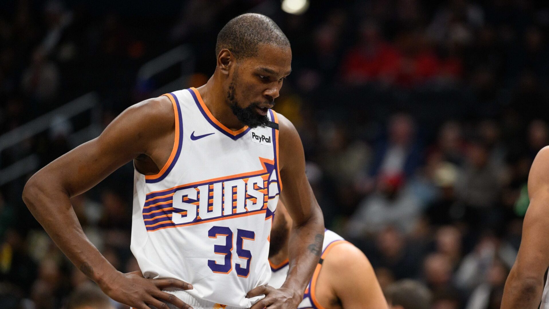 Jan 16, 2025; Washington, District of Columbia, USA; Phoenix Suns forward Kevin Durant (35) looks on during the first quarter against the Washington Wizards at Capital One Arena. Mandatory Credit: Reggie Hildred-Imagn Images