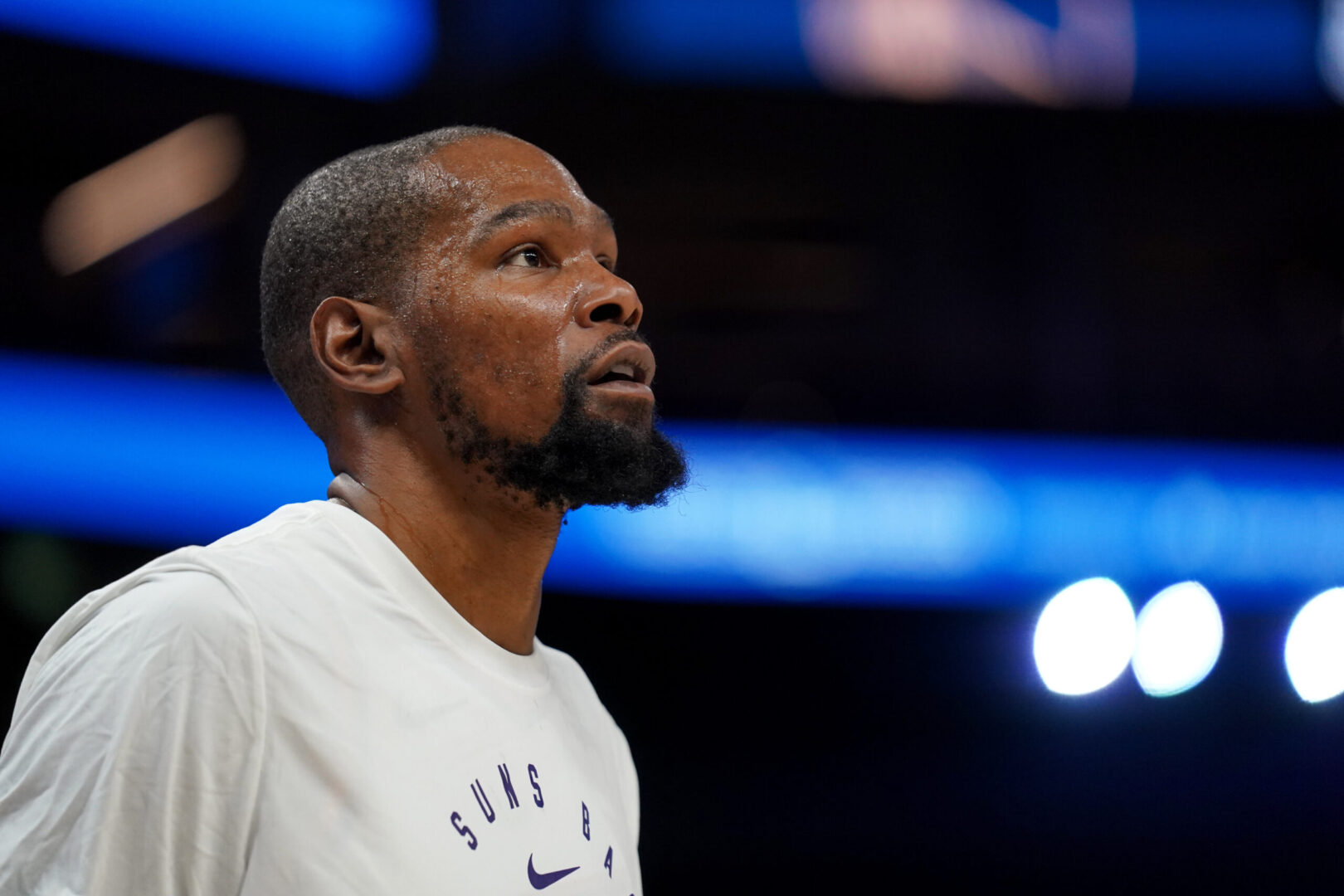Jan 31, 2025; San Francisco, California, USA; Phoenix Suns forward Kevin Durant (35) stands on the court before the start of the game against the Golden State Warriors at the Chase Center. Mandatory Credit: Cary Edmondson-Imagn Images