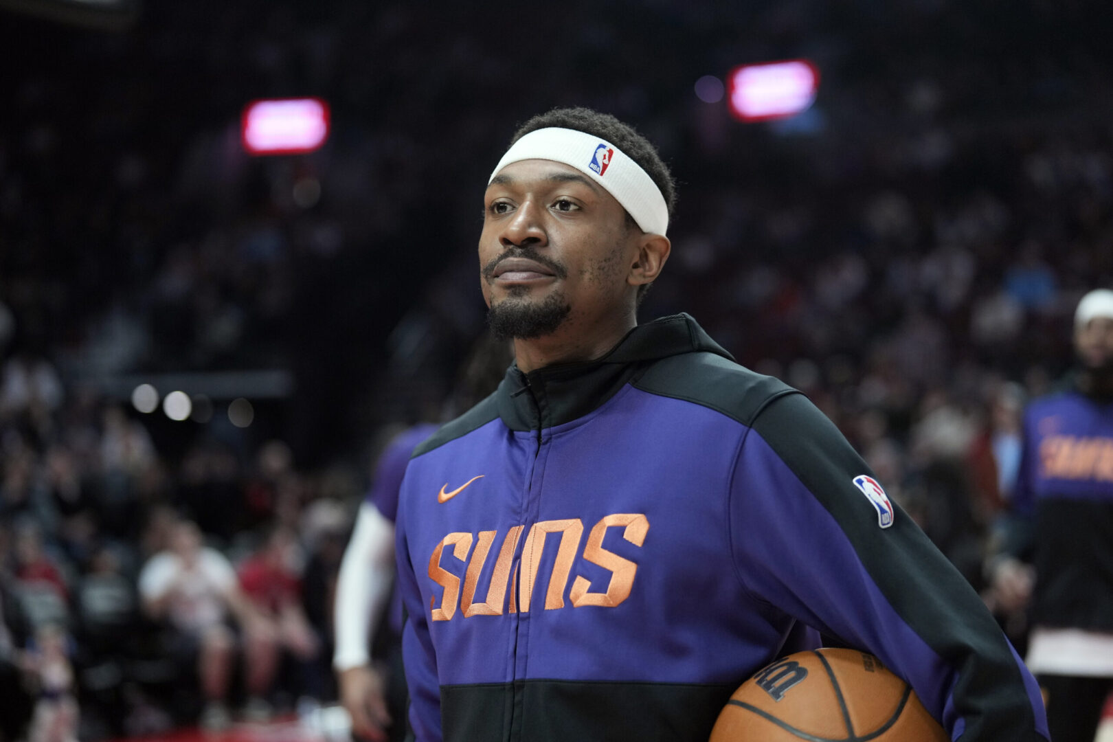 Feb 1, 2025; Portland, Oregon, USA; Phoenix Suns shooting guard Bradley Beal (3) looks on before the game against the Portland Trail Blazers at Moda Center. Mandatory Credit: Soobum Im-Imagn Images