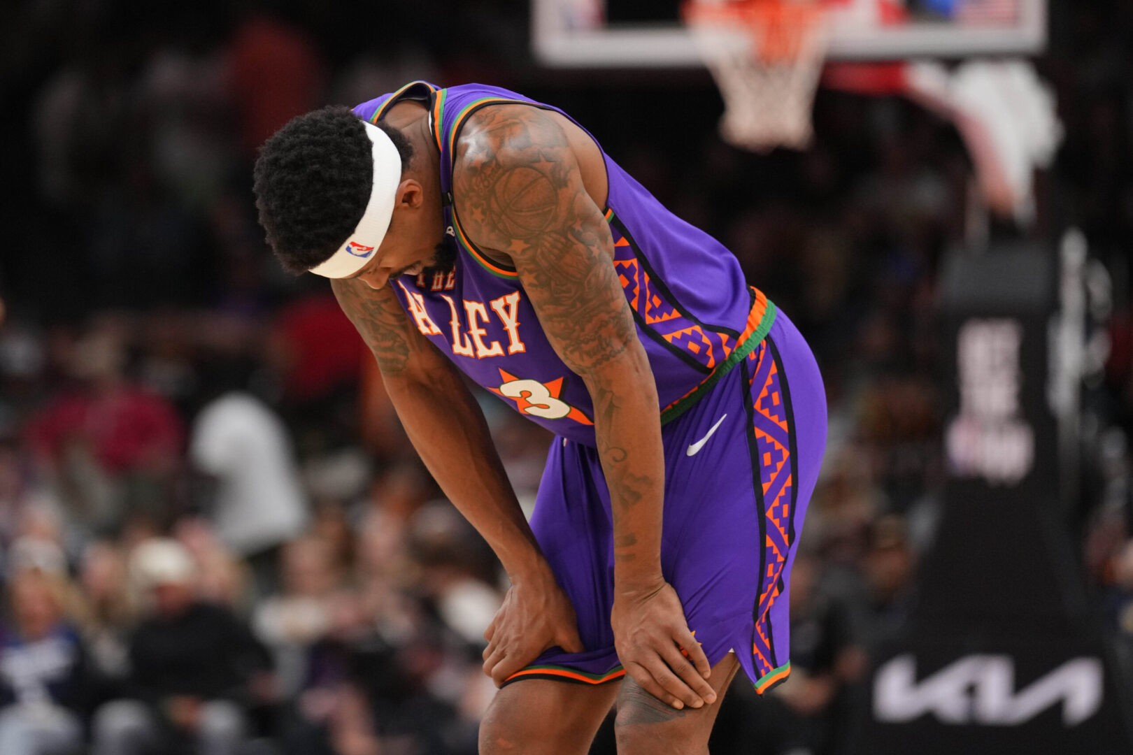 Mar 2, 2025; Phoenix, Arizona, USA; Phoenix Suns guard Bradley Beal (3) reacts against the Minnesota Timberwolves during the second half at Footprint Center. Mandatory Credit: Joe Camporeale-Imagn Images