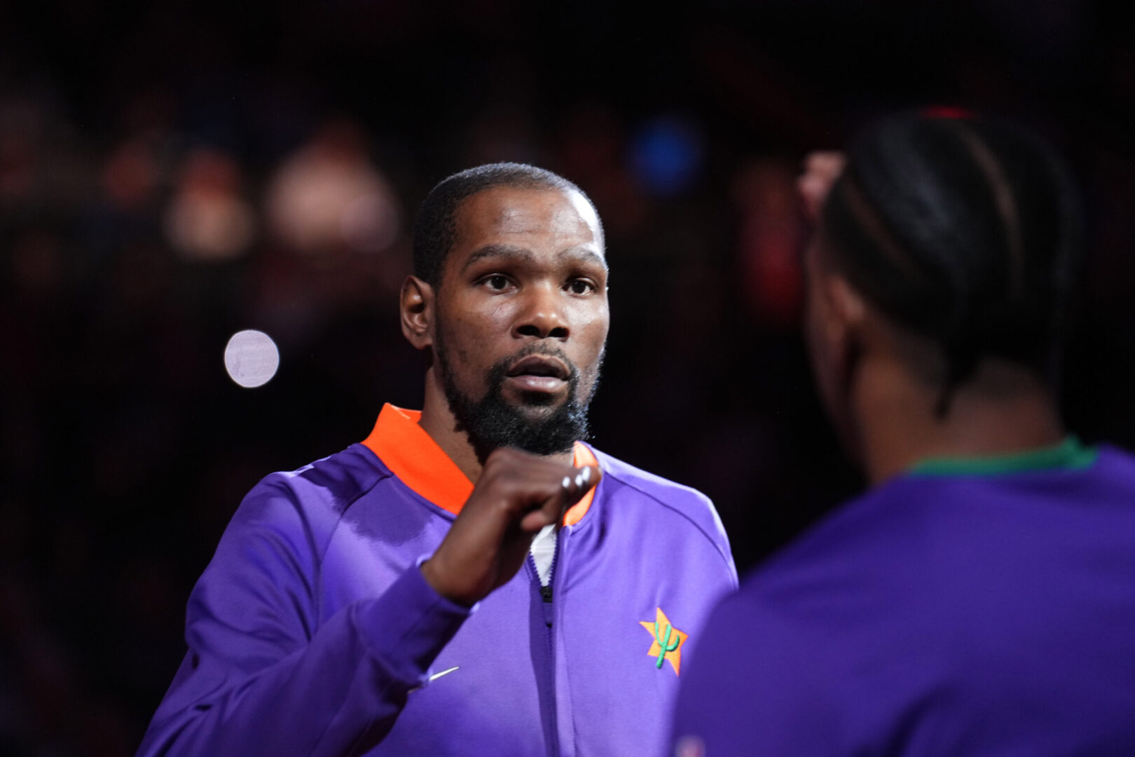 Mar 4, 2025; Phoenix, Arizona, USA; Phoenix Suns forward Kevin Durant (35) is introduced before facing the LA Clippers at PHX Center. Mandatory Credit: Joe Camporeale-Imagn Images