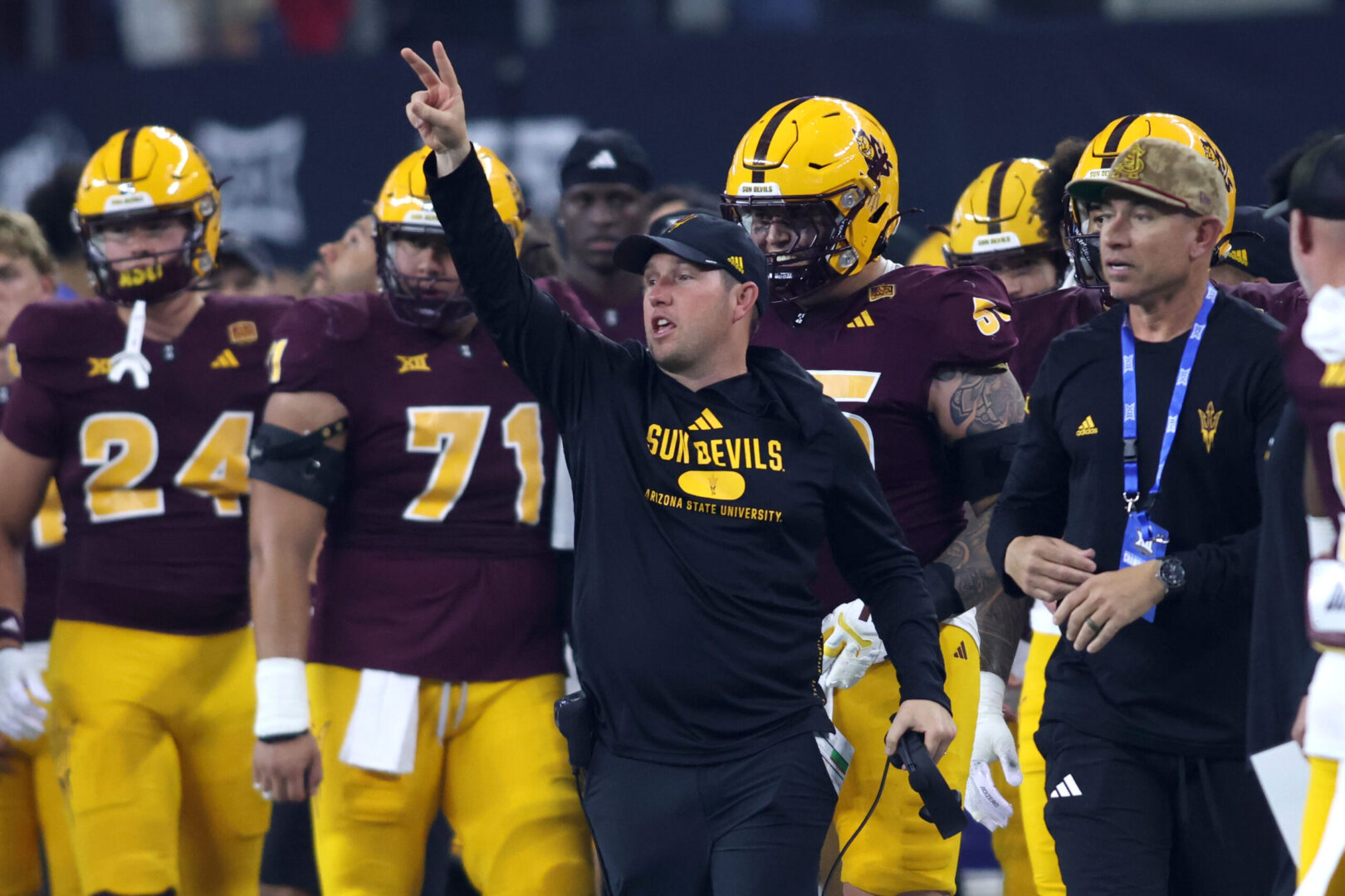 Dec 7, 2024; Arlington, TX, USA; Arizona State Sun Devils head coach Kenny Dillingham stands on the sidelines during the game against the Iowa State Cyclones at AT&T Stadium. Mandatory Credit: Tim Heitman-Imagn Images