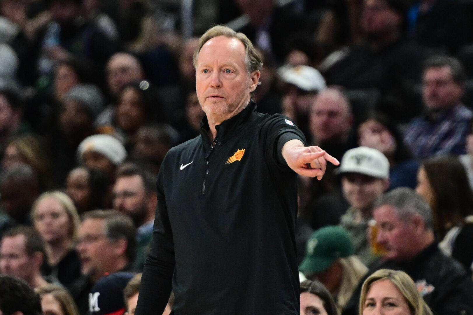 Apr 1, 2025; Milwaukee, Wisconsin, USA; Phoenix Suns head coach Mike Budenholzer reacts in the second quarter against the Milwaukee Bucks at Fiserv Forum. Mandatory Credit: Benny Sieu-Imagn Images