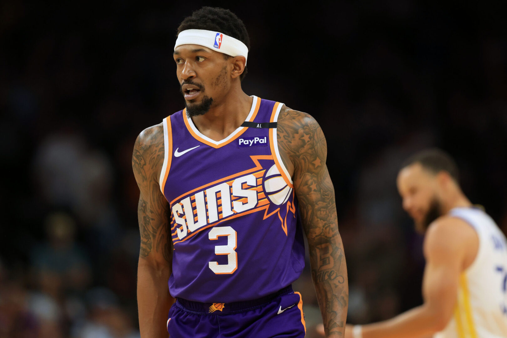 Apr 8, 2025; Phoenix, Arizona, USA; Phoenix Suns guard Bradley Beal (3) reacts during the first half against the Golden State Warriors at Footprint Center. Mandatory Credit: Mark J. Rebilas-Imagn Images