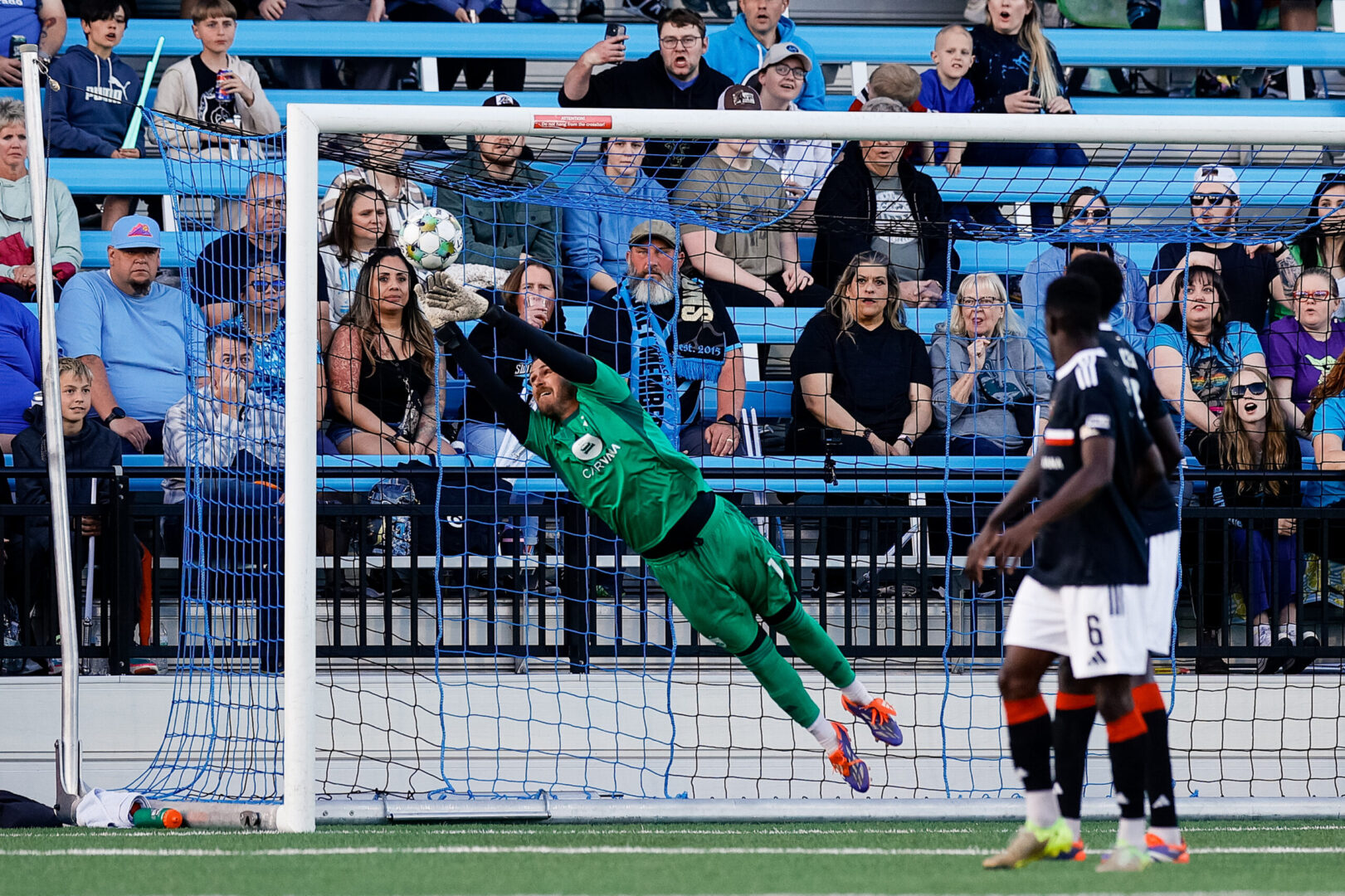 Phoenix Rising FC goalkeeper Patrick Rakovsky makes a save in the first half against the Colorado Springs Switchbacks FC on May 3, 2025. Credit: Isaiah J. Downing/Switchbacks FC