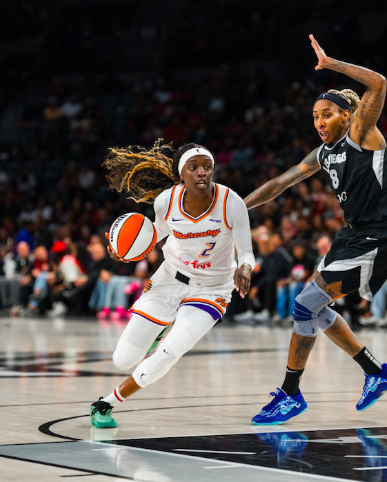 Phoenix Mercury's Kahleah makes a play against the Las Vegas Aces on May 6, 2025. Credits - Phoenix Mercury celebrates a play against the Las Vegas Aces on May 6, 2025. Credits - Olivia Kuby/Phoenix Mercury