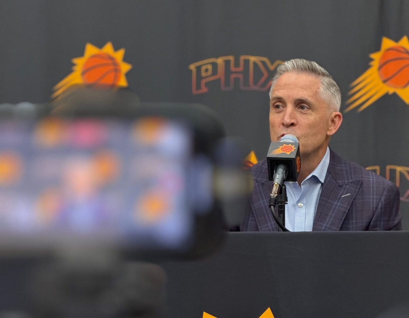 Phoenix Suns' general manager Brian Gregory speaks with the media on May 6, 2025. Credit - J Russell (Burn City Sports)