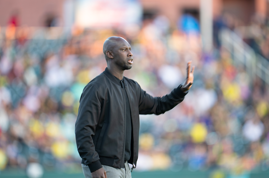 Phoenix Rising's head coach Pa-Modou Kah giving instructions during a match on May 10, 2025. Credits - Phoenix Rising FC
